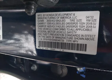 2022 Honda Pilot Awd Sport z USA, uszkodzony, nr VIN 5FNYF6H30NB046729